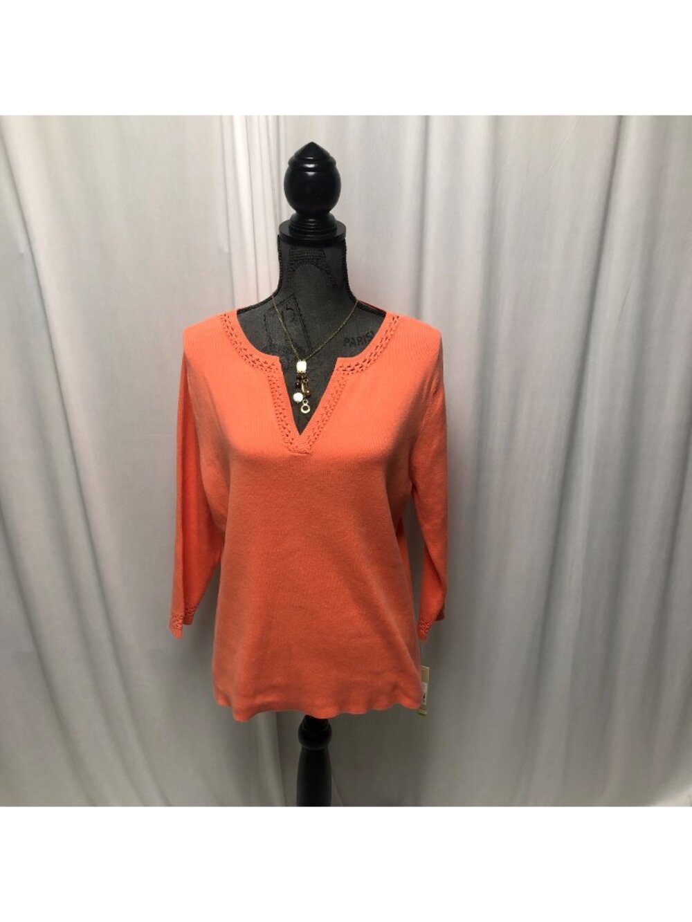 Fieldgear Sweater Womens Size Large Coral Orange Crochet-Trim V Neck Cotton NEW